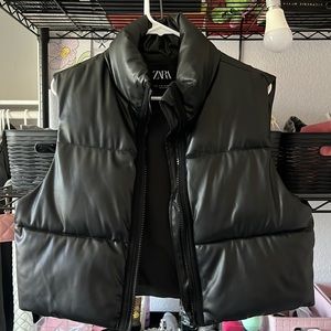 Black faux leather puffer vest